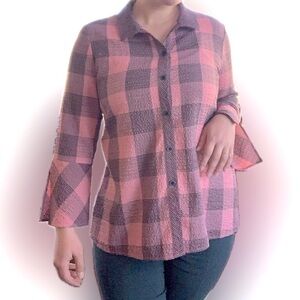 Habitat Textured Pink Gray Plaid Tunic Shirt 3/4 Bell Sleeves S Collar
